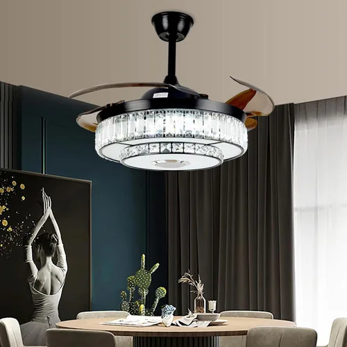 Vista 7 de MORE CHANGE Ventilador de techo retráctil de 42 pulgadas con luz y control remoto, candelabro negro cristal, moderno, comedor