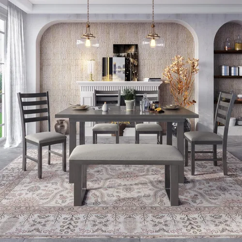 Vista 2 de Merax Juego de mesa de comedor, juego de mesa de cocina de 6 piezas con mesa rectangular y 4 sillas de comedor tapizadas con respaldo alto y banco