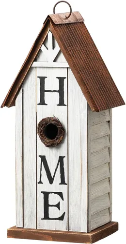 Vista 12 de Glitzhome - Casas de pájaros para exterior, casa de pájaros de madera rústica de 10" de alto, casa de pájaros decorativa envejecida para jardín