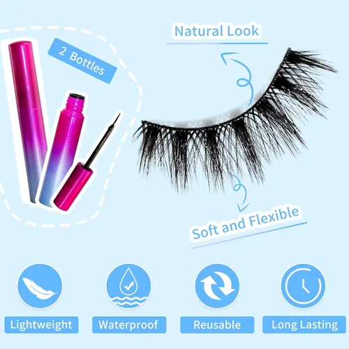 Vista 5 de Kit de pestañas magnéticas, pestañas magnéticas de larga duración y reutilizables, aspecto natural, 14 pares de pestañas postizas con delineador