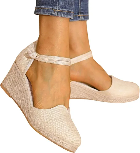 Womenyiaor Sandalias de cuña con punta cerrada para mujer, alpargatas para mujer, con punta cerrada, sandalias de verano con correa al tobillo,
