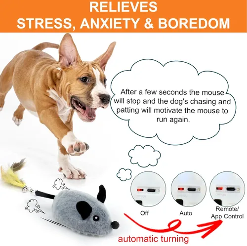 Vista 3 de BABORUI Juguetes interactivos para perros, ratón, control automático y aplicación, juguete chirriante para perros con luces y giro automático