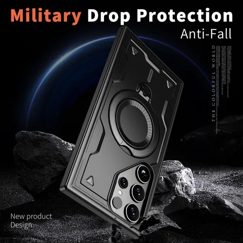 Vista 4 de Funda para Samsung S25 Ultra, ShockArmor de grado militar, soporte, red mag, delgada, resistente a los arañazos, recortes precisos, agarre Negro