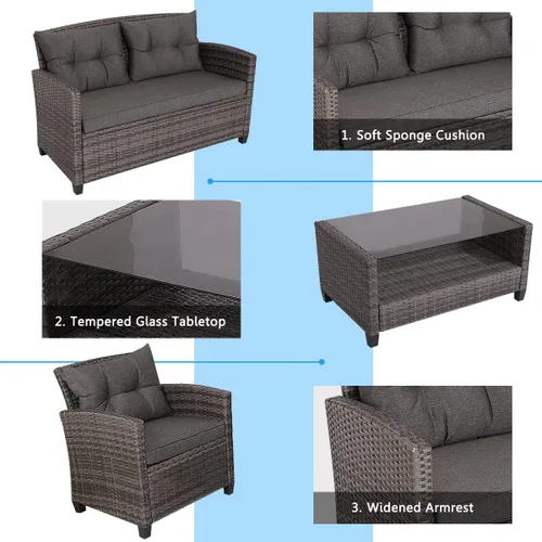 Vista 2 de RELAX4LIFE Juego de muebles de patio de 4 piezas, juego de conversación de mimbre de ratán PE con mesa de centro de vidrio templado y cojines