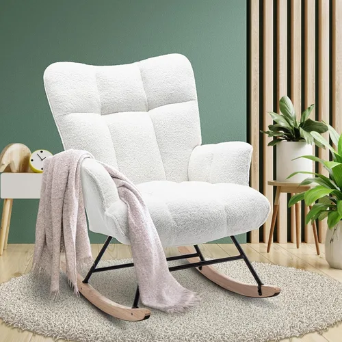 Vista 13 de SAETSFEG - Mecedora tapizada estilo osito de peluche para cuarto de bebé, con respaldo alto, silla de columpio con asiento acolchado, cómoda silla