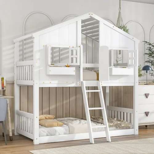 Vista 117 de Cama de casa de tamaño individual con elegantes ventanas y estantería, litera con diseño de castillo de madera con barandillas de seguridad