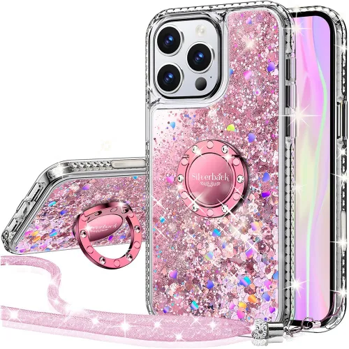 Vista 41 de Silverback Funda para iPhone 15, funda con purpurina holográfica líquida en movimiento con soporte, para niñas y mujeres, funda protectora