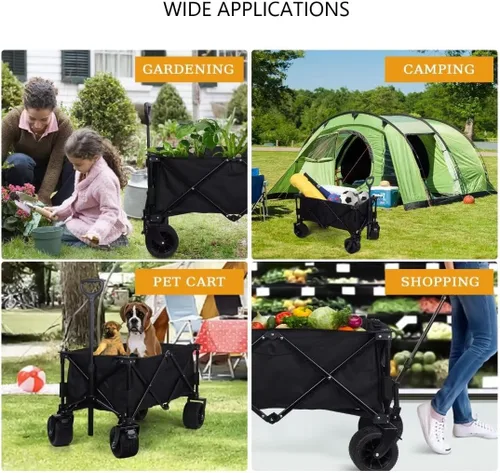 Vista 5 de Carro plegable con ruedas todo terreno resistentes, carrito de jardín plegable con mango ajustable para deportes, compras, campamento, color negro