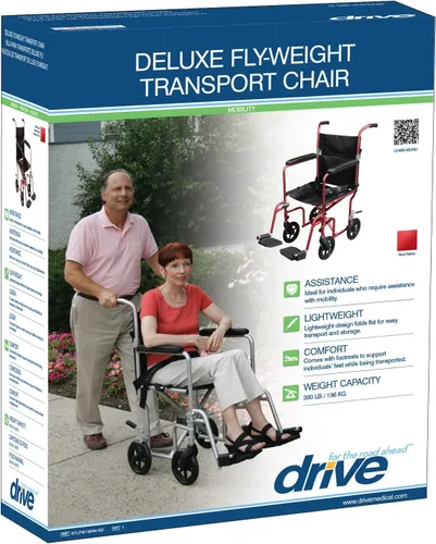 Vista 3 de Drive Medical Flyweight - Silla de ruedas de transporte ligera con ruedas extraíbles, color rojo