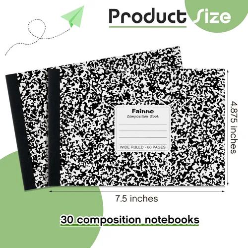Vista 2 de Fainne Paquete de 30 cuadernos de composición de tamaño medio de 4-7/8 x 7-1/2 pulgadas de ancho, con rayas de media página, cuaderno de composición