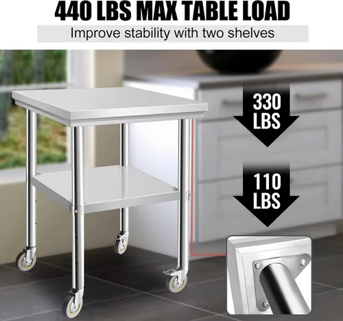 Vista 3 de Mesa de trabajo de acero inoxidable de 24 x 24 pulgadas con 4 ruedas, mesa de trabajo de preparación de alimentos resistente con estante inferior