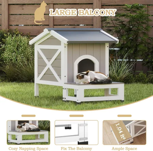 Vista 5 de Ketive Casa para gatos al aire libre de 16.5 pulgadas de largo, refugio impermeable para gatos con 2 puertas de escape para gatos al aire libre