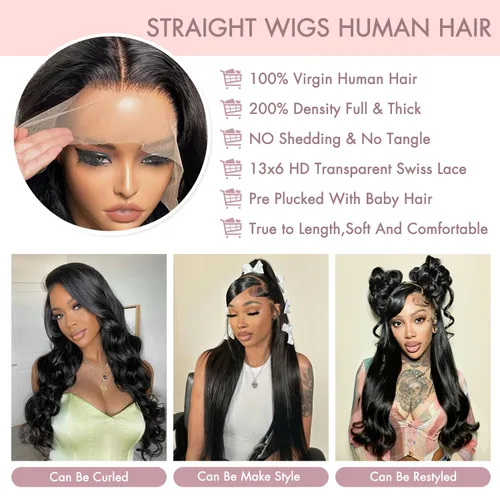 Vista 3 de Pelucas de cabello humano lacio prearrancado de 13 x 6 pulgadas, pelucas de cabello humano de densidad 200 HD transparente con encaje frontal
