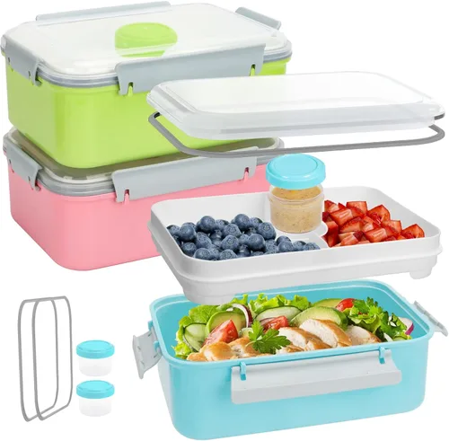 Vista 12 de Paquete de 3 cajas de almuerzo para ensalada, contenedor de almacenamiento de alimentos de 47 onzas Bento Box To Go con tapas, recipientes