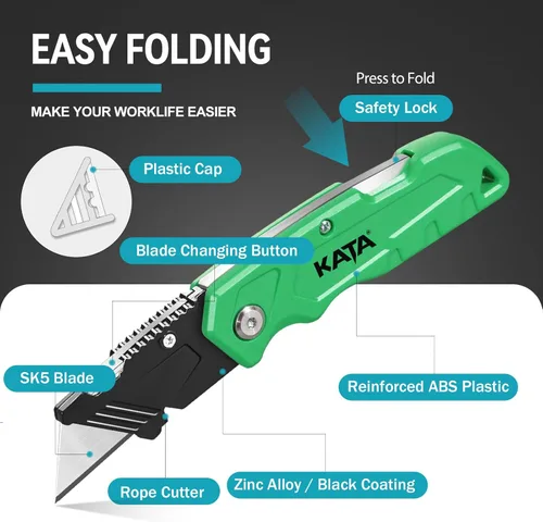 Vista 4 de KATA Cuchillos de corte de caja plegables: paquete de 4 cuchillos utilitarios resistentes para cajas de bolsillo – 20 hojas de afeitar adicionales