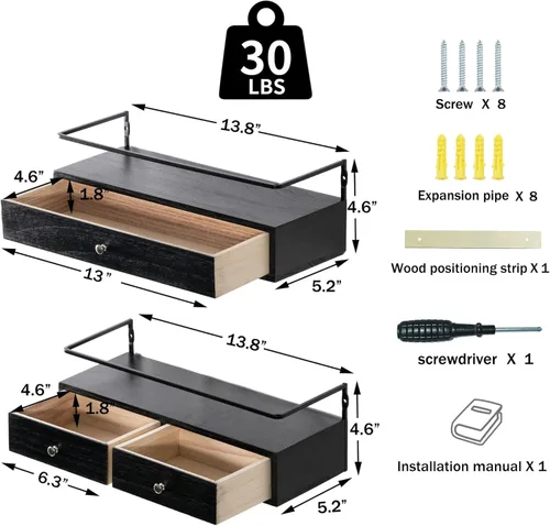 Vista 3 de DreamPossible Estantes flotantes – Juego de 2 estantes de baño montados en la pared con cajones, estantes de madera rústica para dormitorio, sala