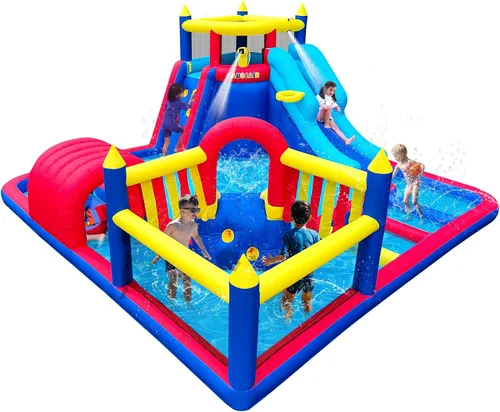 Parque de Toboganes Acuáticos Inflable para Diversión de Fiestas, 15 x 15 pies, Piscina Grande de Chapoteo, Toboganes Largos y Cortos, Túnel de