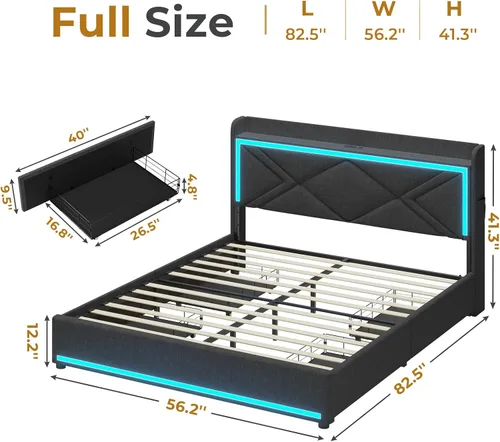 Vista 2 de Base de cama LED tamaño matrimonial con cabecera de almacenamiento, moderna cama tapizada con estación de carga tipo C y USB y 4 cajones, listones