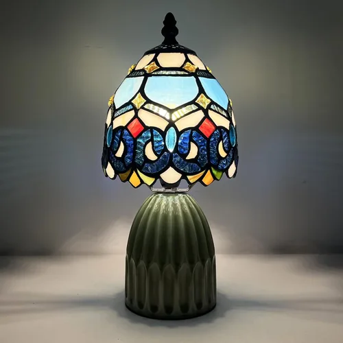 Vista 5 de Tiffany Lamp Stained Glass Mushroom Table Lamps 6X6X12.5 Inch Blue Jewelry Baroque Style Small Night Light Ceramic Base Mini Accent Desk Light