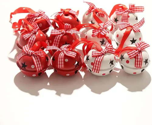 Cascabeles de Navidad, 12 campanas artesanales con copo de nieve para adornos de corona de árbol, decoraciones navideñas de bricolaje (blanco y rojo)