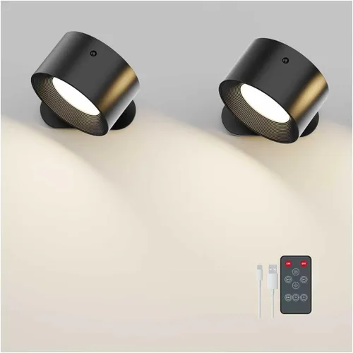 Deyagoo 2PACK Lámpara de pared LED con control remoto - Lámpara de pared recargable, 3 colores y 3 niveles de brillo, cabezal giratorio magnético de