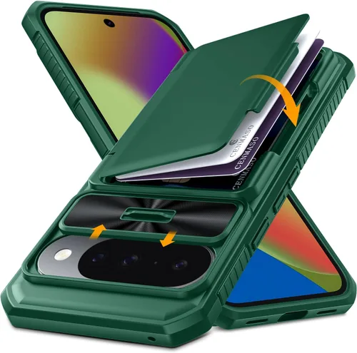 Vista 21 de CENMASO - Funda para Google Pixel 9 Pro XL con tarjetero (4 tarjetas), funda deslizante para cámara y función atril, bloqueo RFID, protección