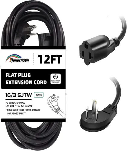 Vista 16 de Cable de extensión de enchufe plano para interiores, certificación UL, calibre 14, 3 pies, negro, 3 clavijas, resistente, cable de alimentación SJTW