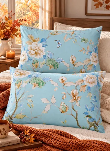 Vista 9 de FADFAY Fundas de almohada de 20 x 30 pulgadas, fundas de almohada de lujo con diseño floral de peonía, 100% algodón egipcio, 2 piezas, tamaño Azul
