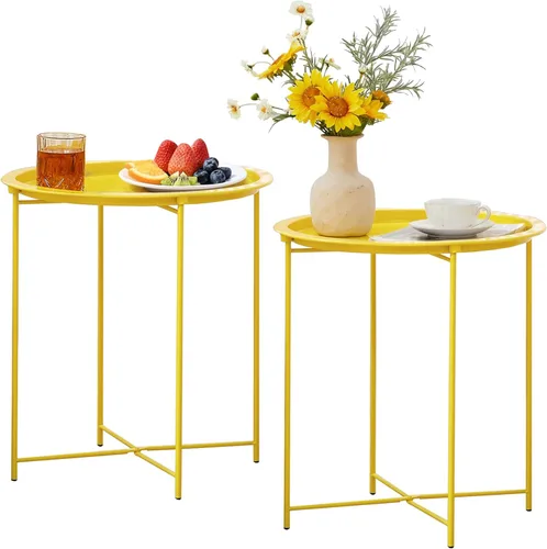 Vista 31 de VECELO - Mesa auxiliar/de rincón, plegable, redonda de metal, antióxido y resistente al agua, para interiores o exteriores, con bandeja, 1 pieza