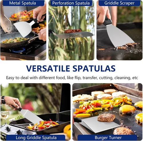Vista 3 de 18 piezas de kit de accesorios para parrilla de Joyfair, juego de accesorios para parrilla de parte superior plana con prensa para hamburguesas