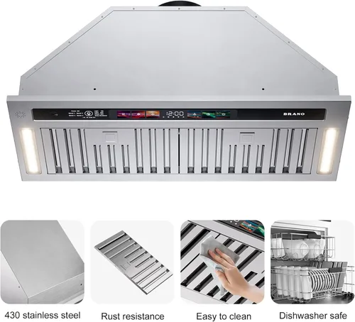 Vista 8 de BRANO Campana de Ventilación de Inserción de 30 Pulgadas, 900 CFM Control Inteligente por Voz/Gesto/Tacto, Ventilador de Escape de 4 Velocidades