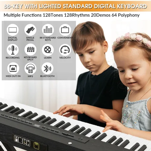 Vista 3 de Piano digital de 88 teclas con teclado semiponderado, teclado de piano de 88 teclas para principiantes con teclas iluminadas, piano eléctrico
