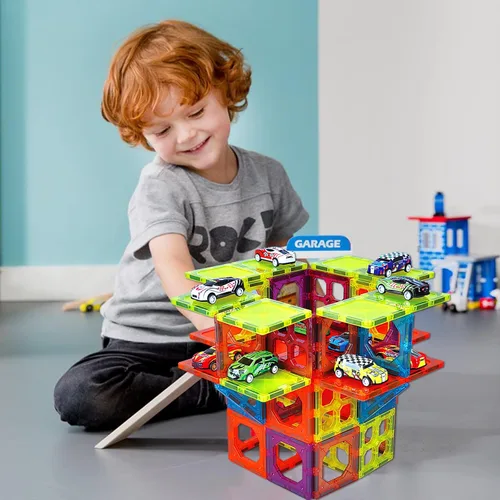 Vista 6 de Bloques de construcción magnéticos con 4 autos de tren magnético para niños, juguete STEM de construcción preescolar, educativo, creatividad