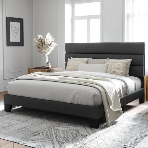 Vista 61 de Allewie - Base de cama tamaño King con cabecera tapizada en tela y soporte de listones de madera; base de colchón completamente tapizada; no Azul