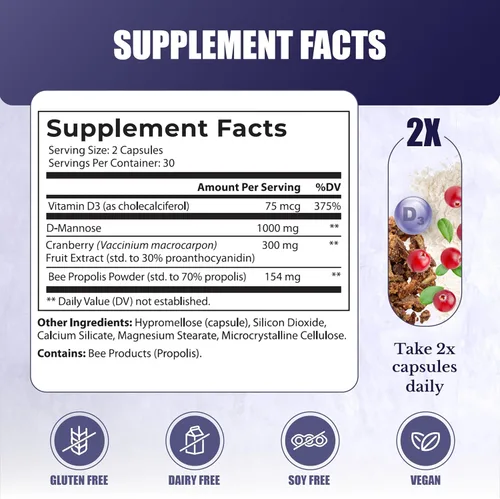 Vista 2 de UroBliss Formula for Urinary Tract Support - D Manosa 1000 mg Cápsulas con extracto de arándano para el cuidado femenino y la salud