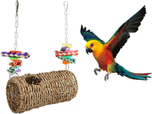 Vista 7 de Columpio tejido de hierba para pájaros con gancho, durabilidad y diversión jaula de juguete para pájaros masticar de pie loro, periquito, cacatúa