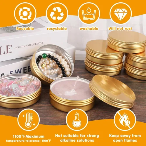 Vista 5 de Paquete de 12 latas de 4 onzas, latas redondas para ungüento, lata de aluminio dorado de 4 onzas con tapas, recipientes de lata de metal