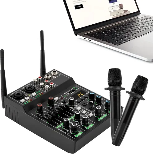 Vista 4 de Mezclador de audio profesional, mezclador de sonido de 4 canales con micrófono inalámbrico doble, consola de tablero de sonido, MP3, Bluetooth, 48V