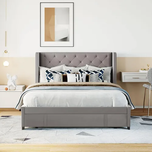 Vista 172 de SOFTSEA Cama de plataforma tapizada tamaño Queen con cajón de almacenamiento, marco de cama tapizado con cabecera con respaldo de alas, soporte