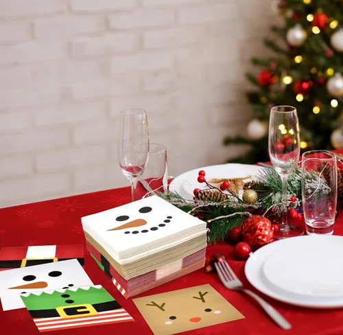 Vista 3 de Gift Boutique 120 servilletas de papel desechables de Navidad con personajes navideños, lindos muñecos de nieve de invierno, renos, elfos y Papá