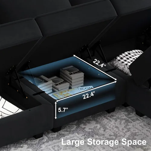 Vista 5 de Belffin - Sofá modular de terciopelo con asientos de almacenamiento, sofá de 3 plazas para sala de estar, color negro