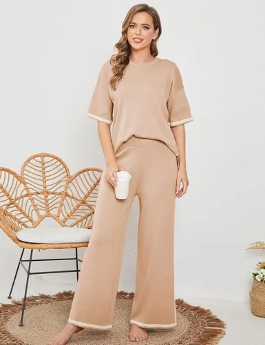 Vista 4 de Faleave Conjunto de suéter de punto de 2 piezas para mujer, manga corta, sin botones, cintura elástica, pantalones de pierna ancha, conjunto