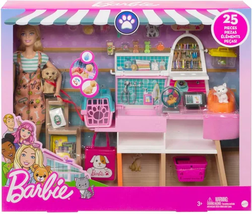 Vista 7 de Barbie - Muñeca (11.5 pulgadas, rubia) y set de juego de tienda de mascotas, con 4 mascotas, función de aseo, cambio de color y accesorios, gran
