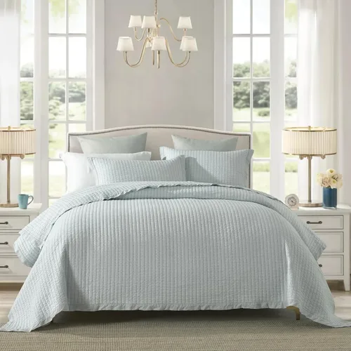Vista 2 de Finlonte Juego de edredón de tamaño Queen, 100 % algodón, color liso, colcha con patrón de rayas verticales, costuras hechas a mano, edredón Gris