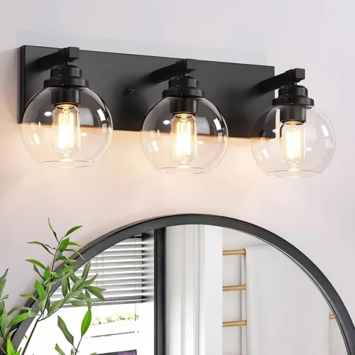 Vista 27 de Accesorios de iluminación de baño estilo granja, accesorios de luz de baño de madera de 3 luces sobre espejo, apliques rústicos de pared