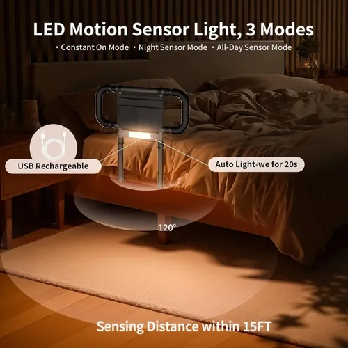 Vista 2 de LIUQIBAX Rieles de cama para adultos mayores: productos de asistencia para ancianos con doble agarre ajustable, bolsillo de almacenamiento, luz