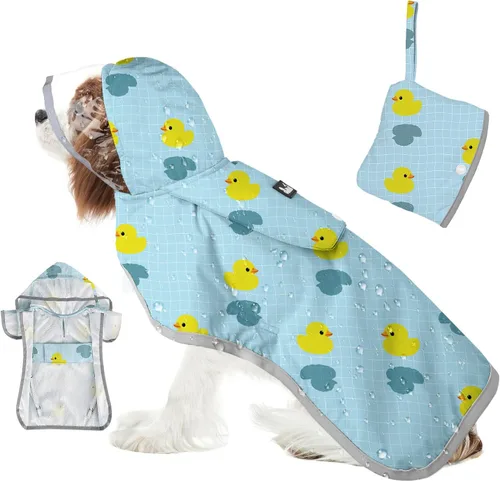 Vista 12 de SlowTon Chubasquero para perros, chaqueta de lluvia ajustable para perros con capucha transparente de doble capa, poncho impermeable con tiras