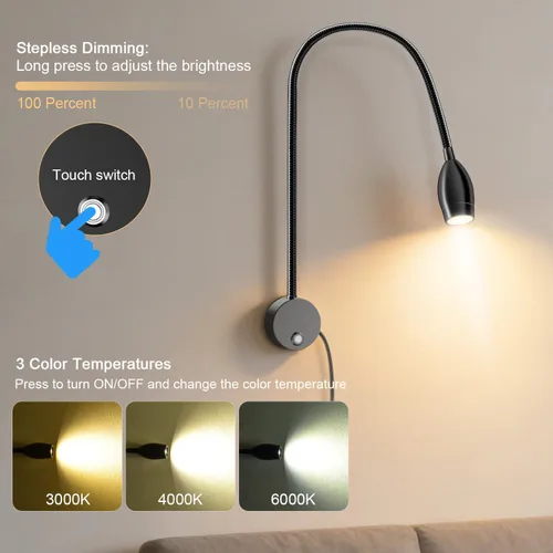 Vista 2 de ERAY Luz LED de lectura montada en la pared, luces de lectura de cabecera para cama con control táctil, 3 regulables, 360°, cuello de cisne flexible