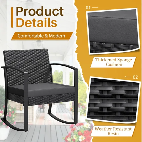 Vista 2 de JUMMICO Juego de 3 sillas mecedoras para patio al aire libre con mesa auxiliar y cojines para balcón, porche, bistró (gris)