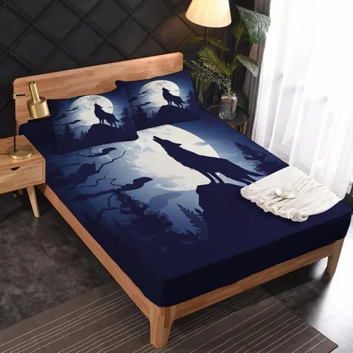 Vista 2 de Juego de sábanas tamaño individual: sábanas de lobo aullador, sábanas y fundas de almohada, microfibra suave, bolsillo profundo y sin arrugas, 1